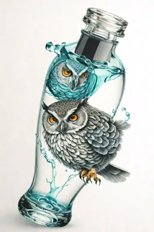 Owl Inside Of A Clear Bottle Half Full Of Light Blue Liquid