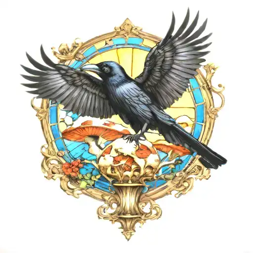 Raven Flying With A Skull Amanita Mushrooms With Blue Stained Glass Window Background