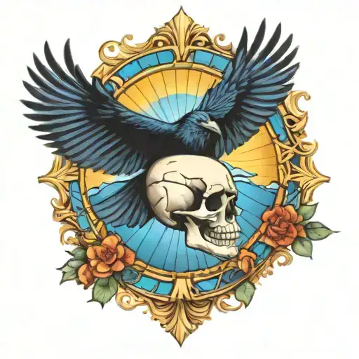 Raven Flying With A Skull With Mushrooms As Bottom Border With Blue Stained Glass Background And Sun
