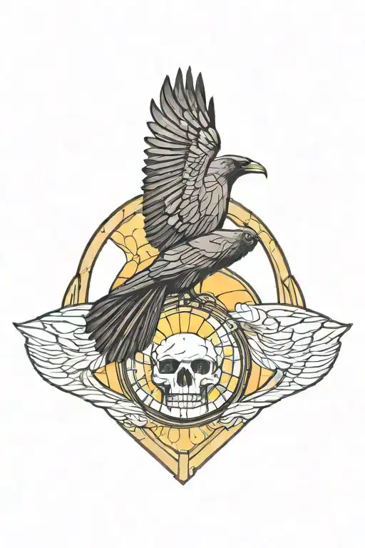 Raven Flying Over Skull With Stained Glass Background Black Border Sun In Center Of Stained Glass