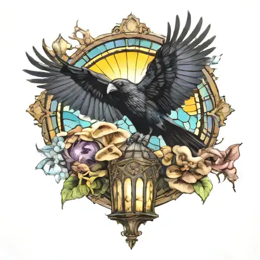 Raven Flying Holding A Skull Surrounded By Mushrooms With A Tall Stained Glass Window Background