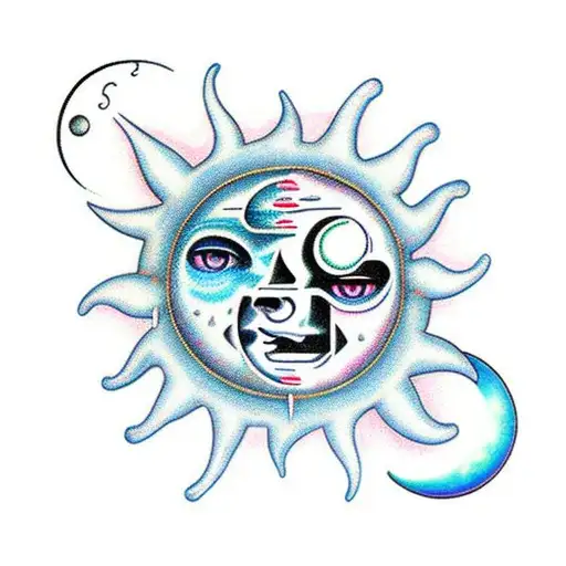 Sun And Moon With Wind And Rain Surrounding Them