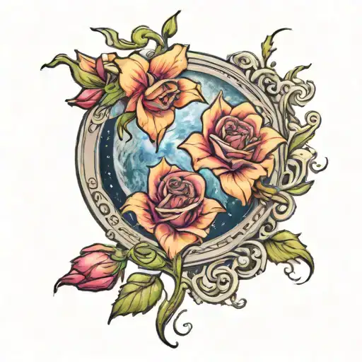 Gladiolus And Rose Intertwined On A Moon Merging Together