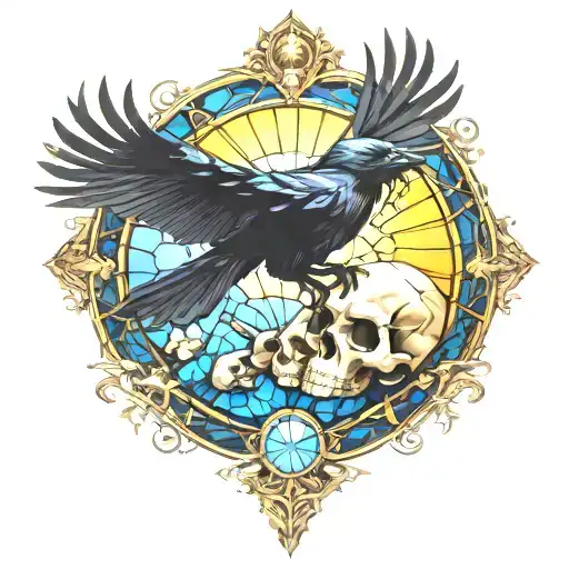 Raven Flying With A Skull With Mushrooms As Bottom Border With Blue Stained Glass Background And Sun