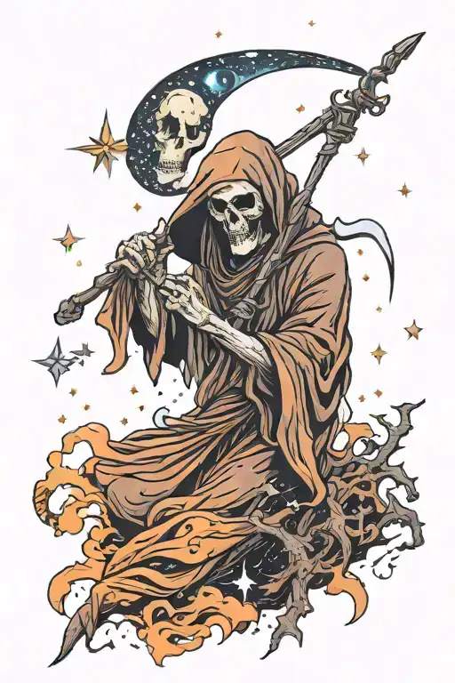 Feminine Grim Reaper Stormy Night Sky Filled With Constellations