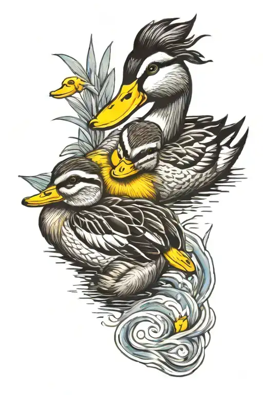 Mother Duck With Duckling Following Cartoon