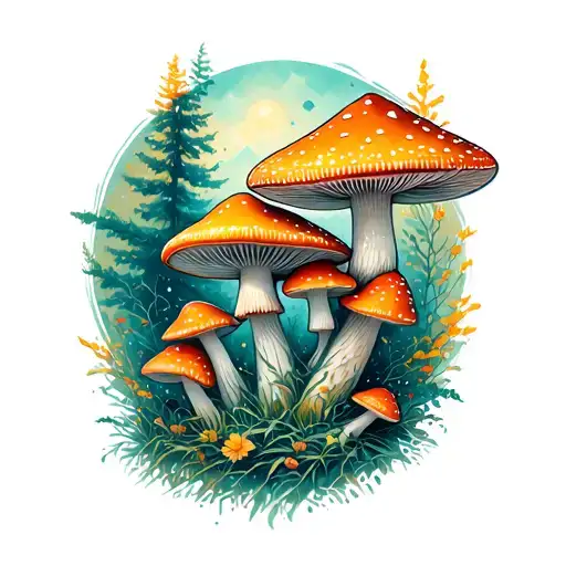 Geometric Forest And Amanita Mushrooms