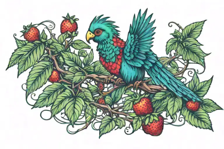 Quetzal Bird Landing On A Strawberry Vine
