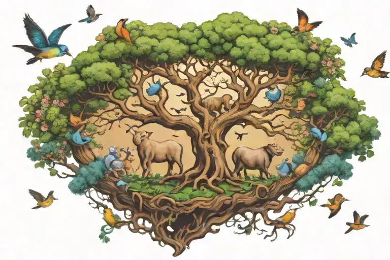 Animals Floating Around A Tree Of Life