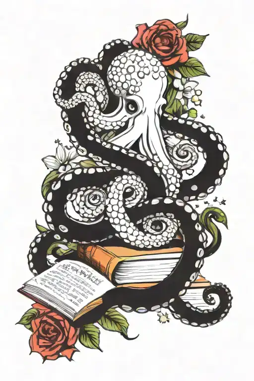 Pretty Octopus With Stars And Chrysanthemums And Books
