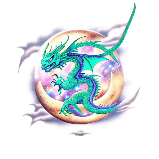 Dragon On Wanning Moon With Stars And Galaxies