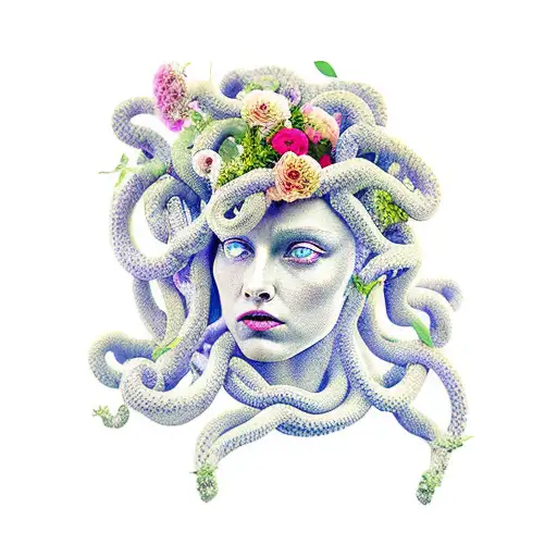 Medusa As A Statue With Flowers Around Her