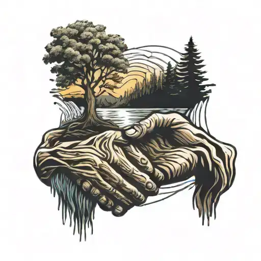 Flowing Water And Flowing Wood Grain Field Holding Hands