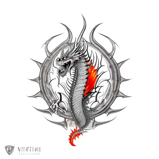 Red Dragon With Knife And Flames Around