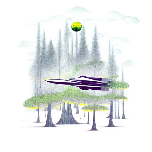 A Tattoo Of A Spaceship Flying Over A Forest Landscape
