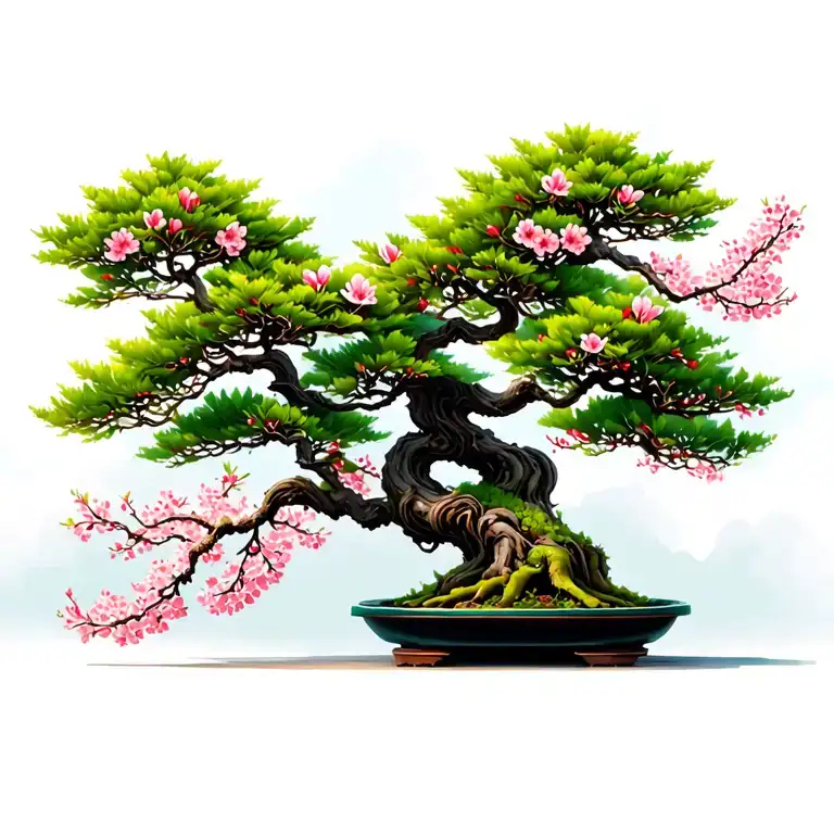Bonsai Tree With A Cherry Blossom Branch