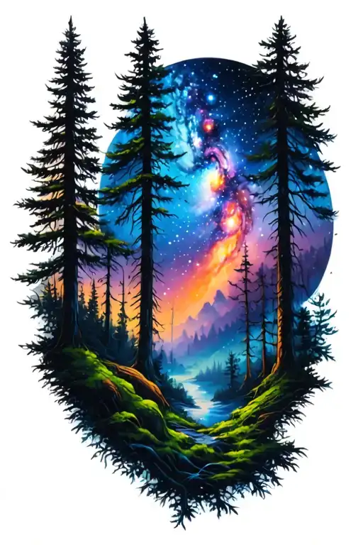 Full Sleeve Tattoo Design With A Forest And A Galaxy