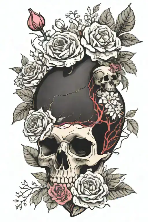 Anatomical Heart With Skull And Flowers Growing