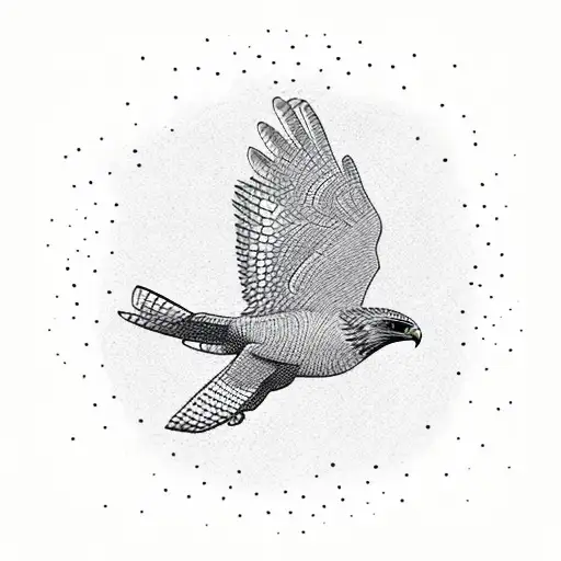 Create A Dotwork Tattoo Of A Hawk Flying Through A Starry Sky