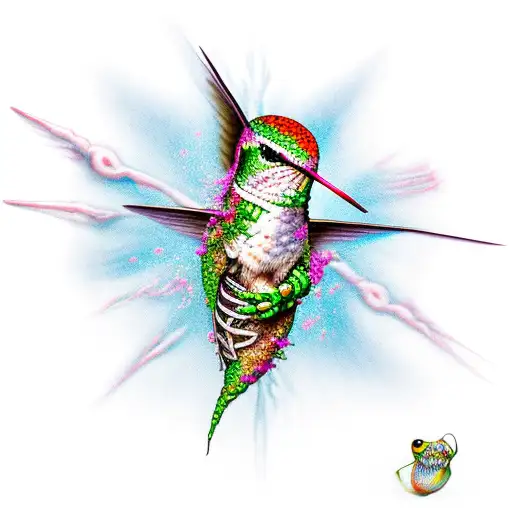 Skeleton Hummingbird Licking Blood Out Of A Organ Like Flower