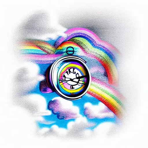 Rainbow Between Two Clouds With A Clock In The Background
