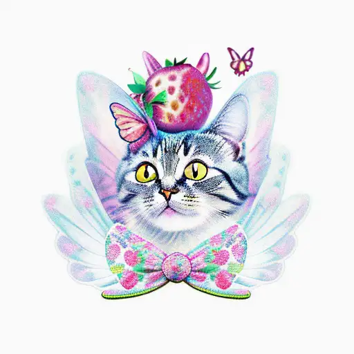 A Whimsical Cat With Butterfly Wings Surrounded By Strawberries And Bows