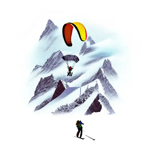 Skier Down A Mountain With A Paraglider Overhead