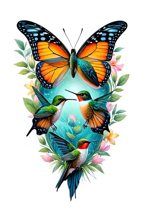 Men's Butterfly Tatttoo With 2 Hummingbirds Inside The Wings