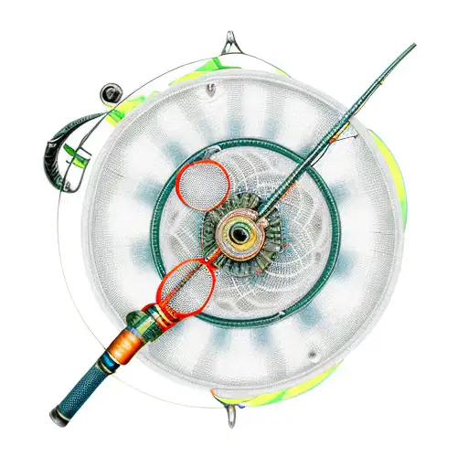 An Intricate Design Of A Fishing Rod And Reel With A Baseball And Tennis Racket Intertwined