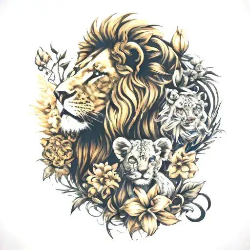 Lion And Lion Cubs With Tigerlilly Flowers