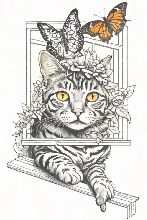 Cat Watchin Flying Butterfly While Sitting On Window