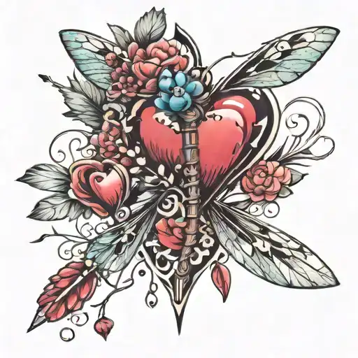Heart Dragonfly Arrow Tattoo Design Inspired