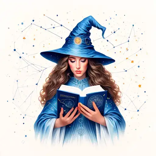 A Woman Wizard Reading A Book In The Space With Astro Constellation Intertwined