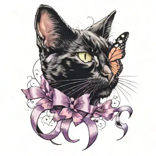 Black Cat With A Butterfly On Its Nose And A Purple Ribbon