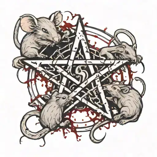 A Pentagram With 4 Rats Forming The Circle And Some Blood Splashes In The Background