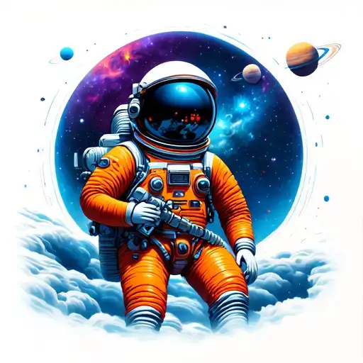 Astronaut In Orange Suit In Space With A Blue And Purple Themed Galaxy With Planets