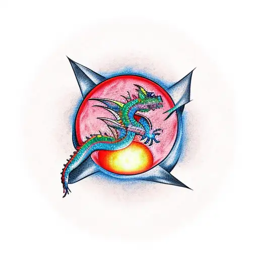 Dragon With Red Sun Behind It