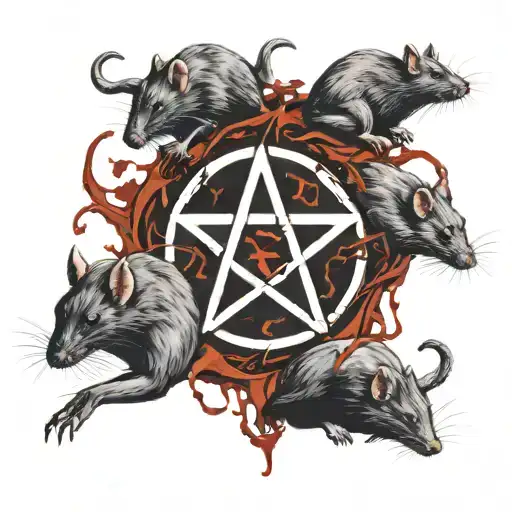 A Pentagram With 4 Rats Forming The Circle And Some Blood Splashes In The Background