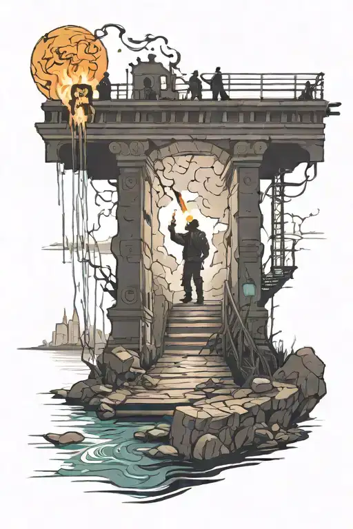 Bridge Burning With A Guy With A Torch Stood Infront