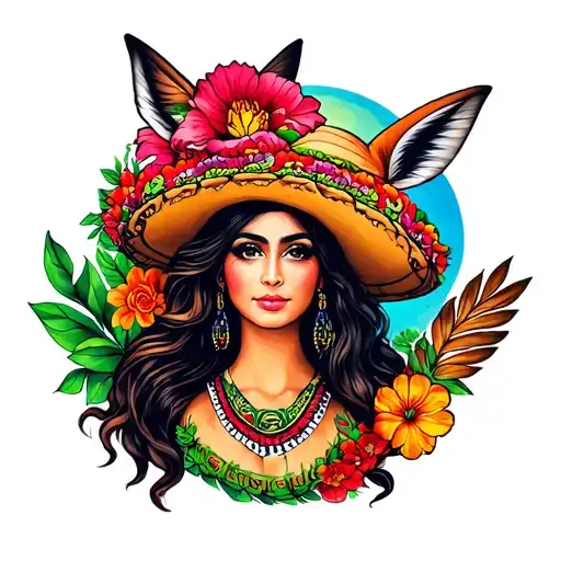 Colorful Feminine Tattoo Sleeve Representing Mexican Culture And Animals