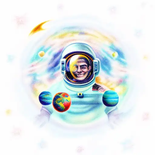 A Smiling Astronaut Surrounded By Colorful Planets And Stars