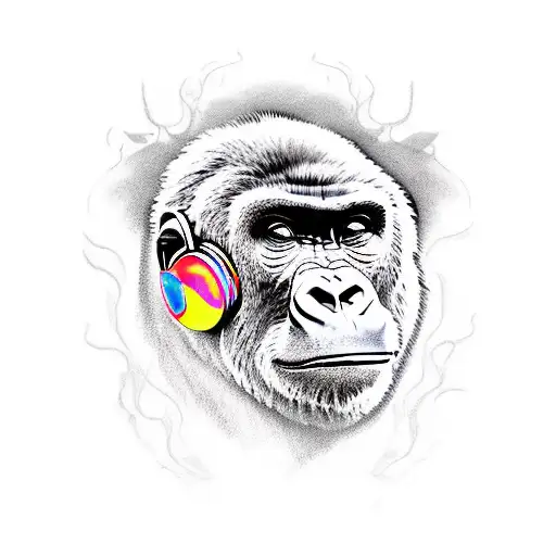Gorilla Listing Music With Headphone On Where Surroundings Are Burning With Fire