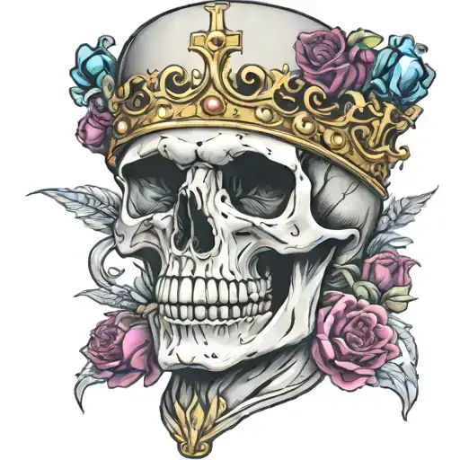 Skull With Mouth Open Wearing A Crown Of Jewels Facing Forward