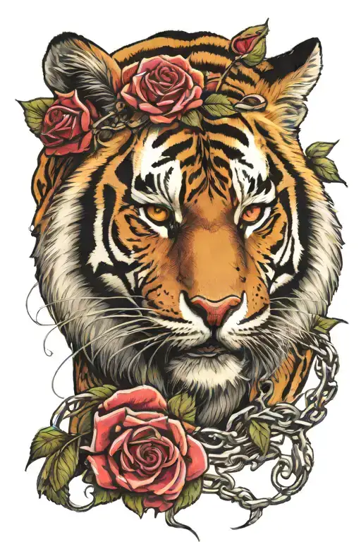 A Tiger With One Real Human Eye And A Red Rose With An Infinity Necklace