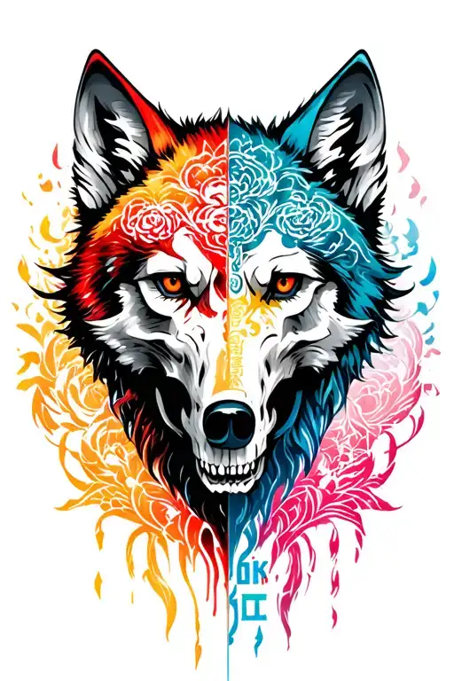 Wolf Head Half And Half Wolf Skull With Japanese Letters