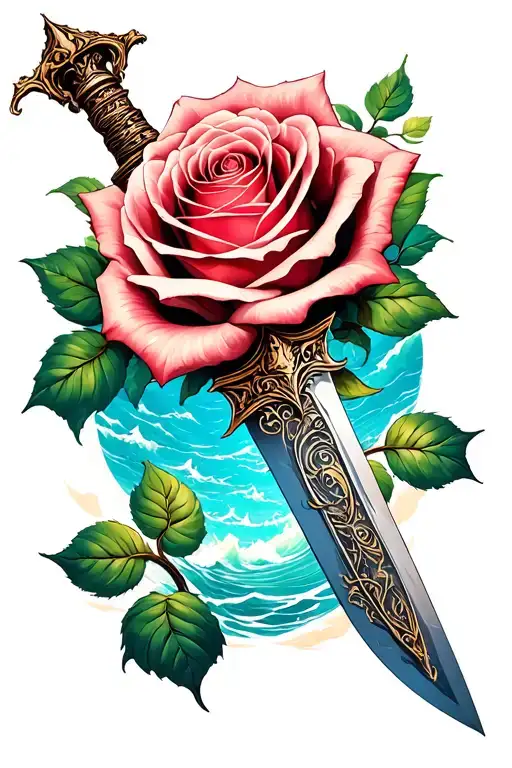 Dagger And Rose With Ocean Background