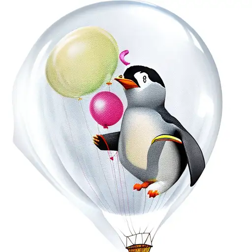 Penguin Flying Away Using A Balloon From An Iceberg Cage With Lions In It