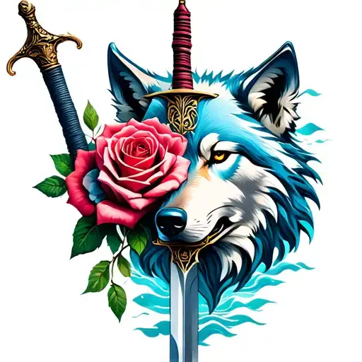 Wolf Head Dagger And Rose With Ocean Background