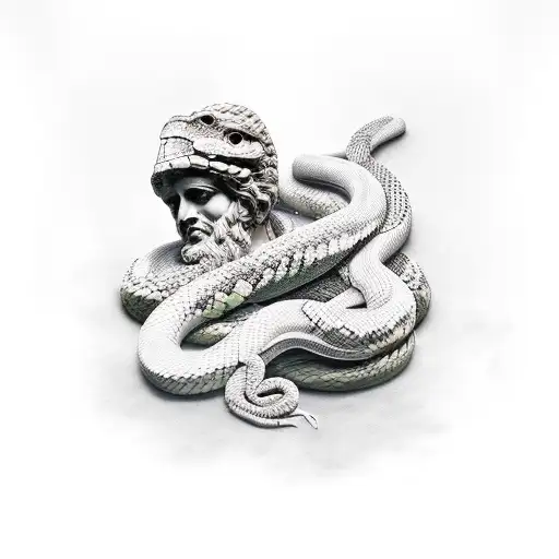 Broken Greek Statue With Snake Coming Out