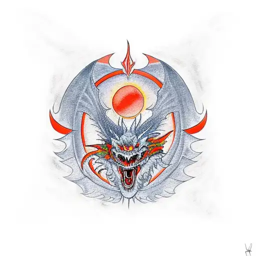 Create A Tattoo Idea With The Theme Of A Red And Orange Dragon Who Is The Son Of The Sun